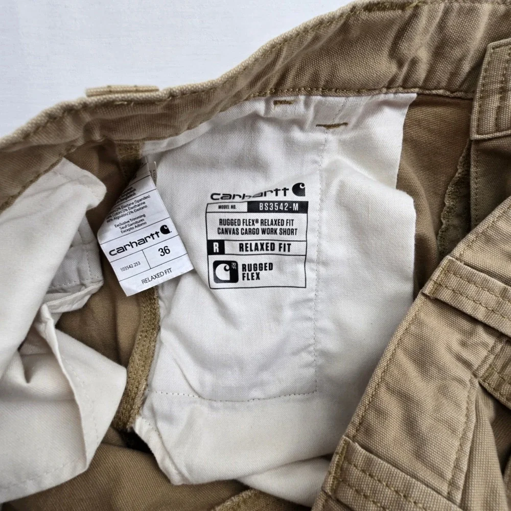 Carhartt Mens Rugged Flex Relaxed Fit Canvas Cargo Work Shorts Tan 36 BS3542-M